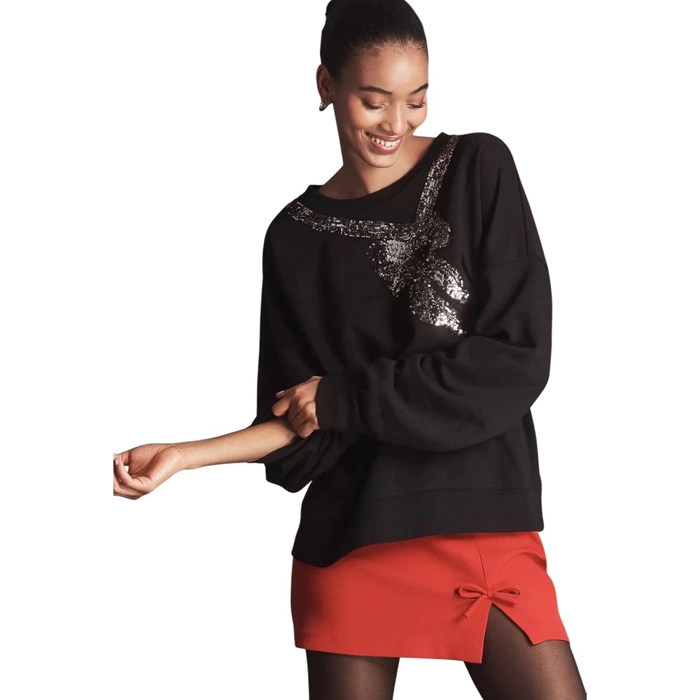 Maeve Anthropologie Sequin Bow Sweatshirt Black Cotton Blend XS 4111522160075